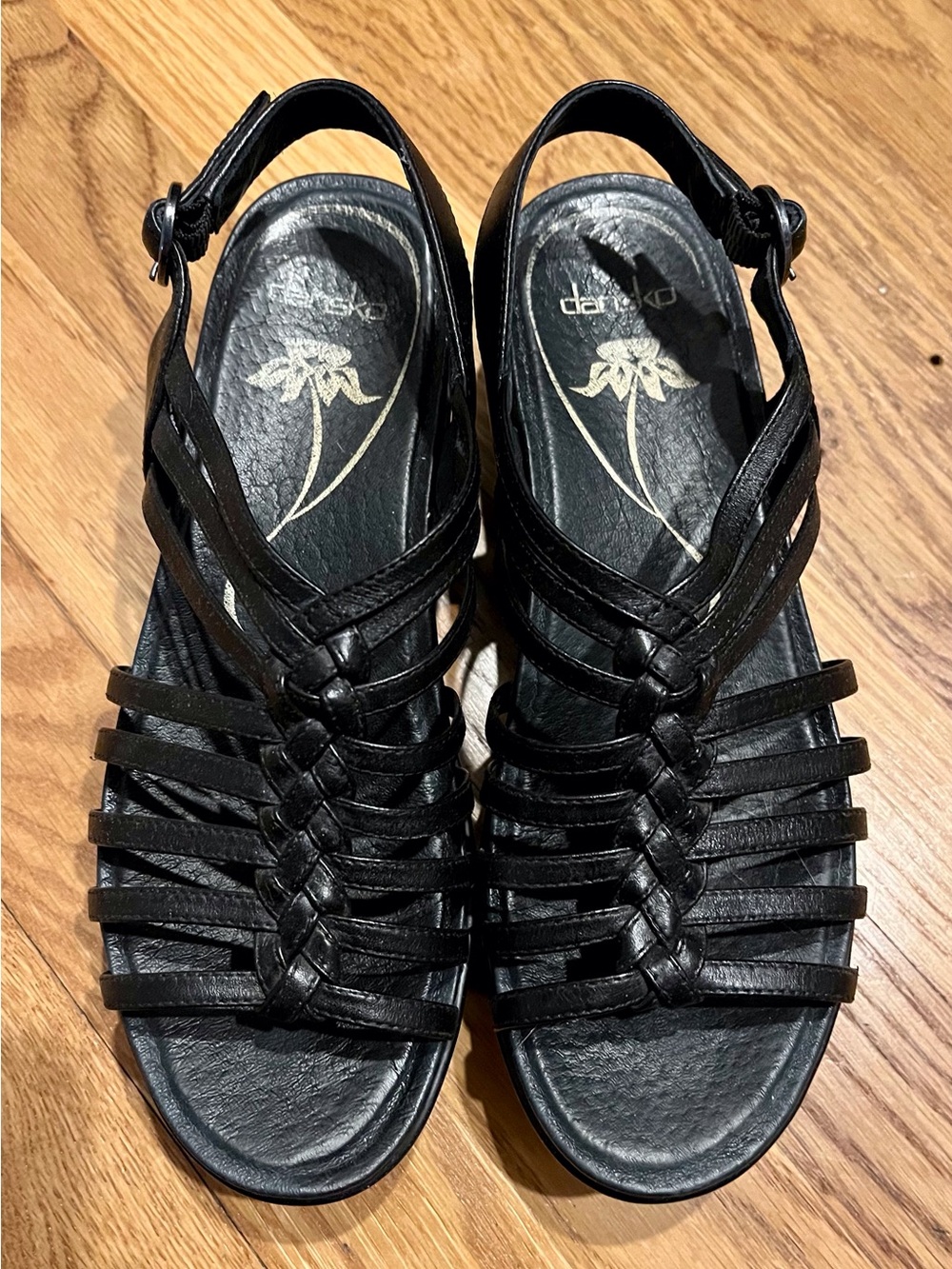 Dansko Black Leather Woven Strap Comfort Sandals